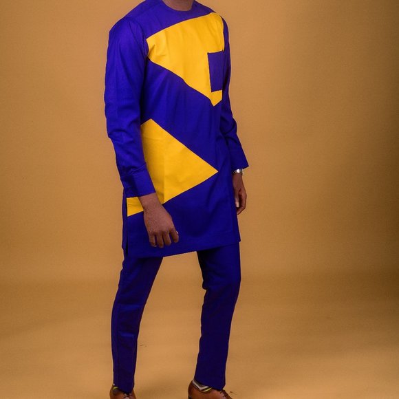 blue yellow bazin african men's suit - Picture 1 of 5
